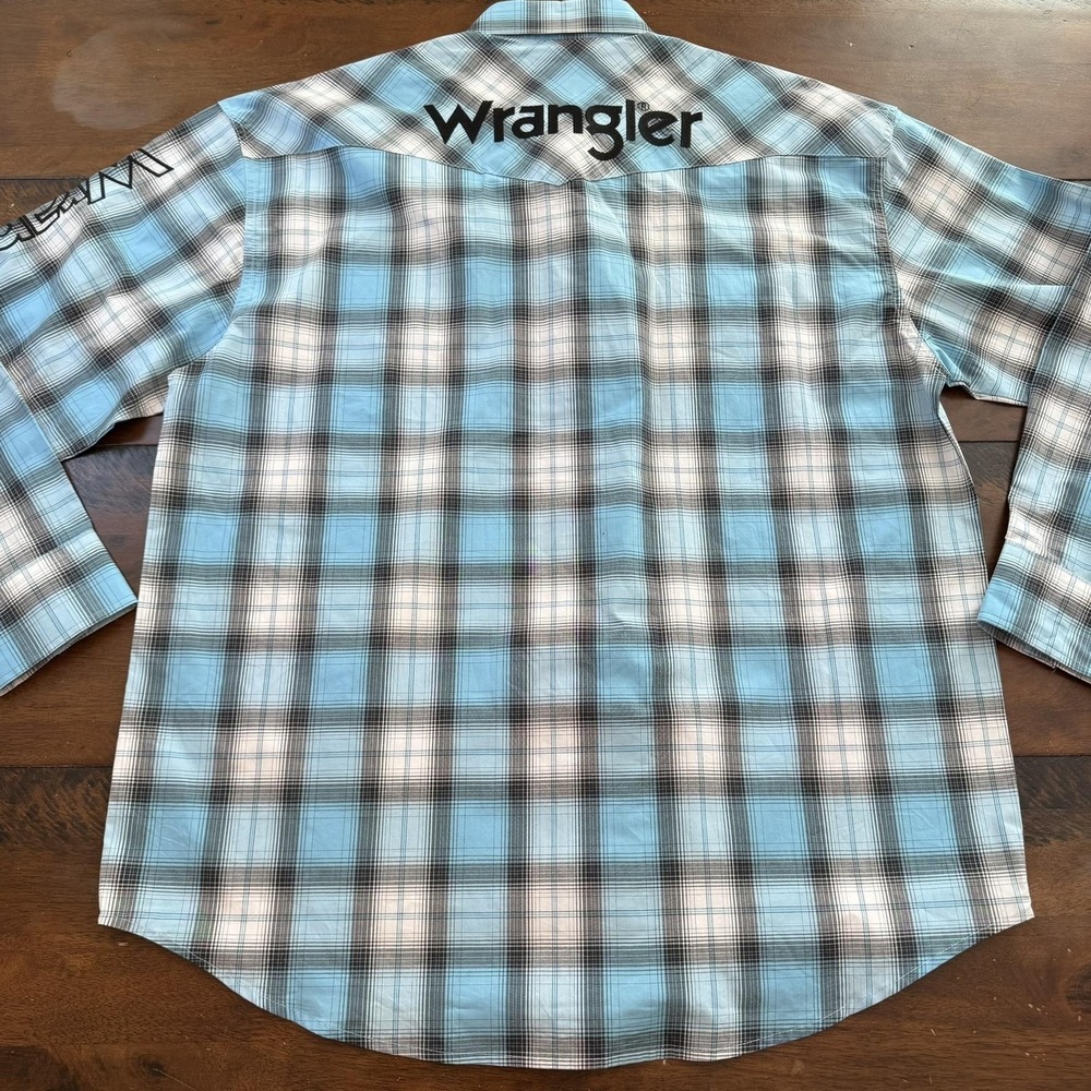 Wrangler Shirt Mens XL Blue Plaid Snap Front Western Embroidered Long Sleeve - Picture 9 of 10